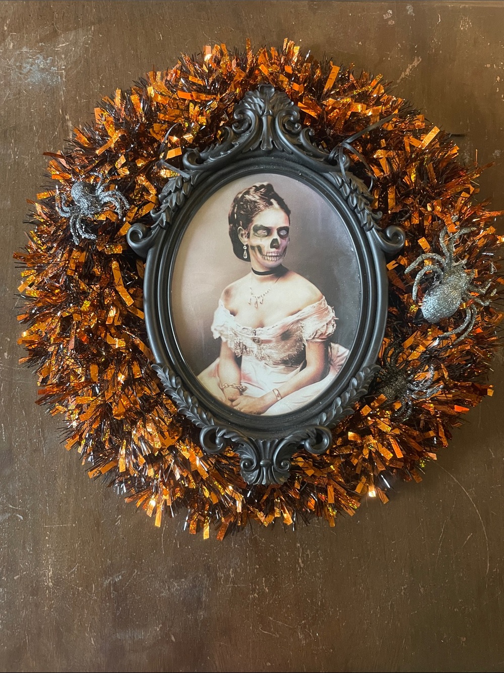 Vintage Looking Portrait Halloween Wreath in Black and Orange